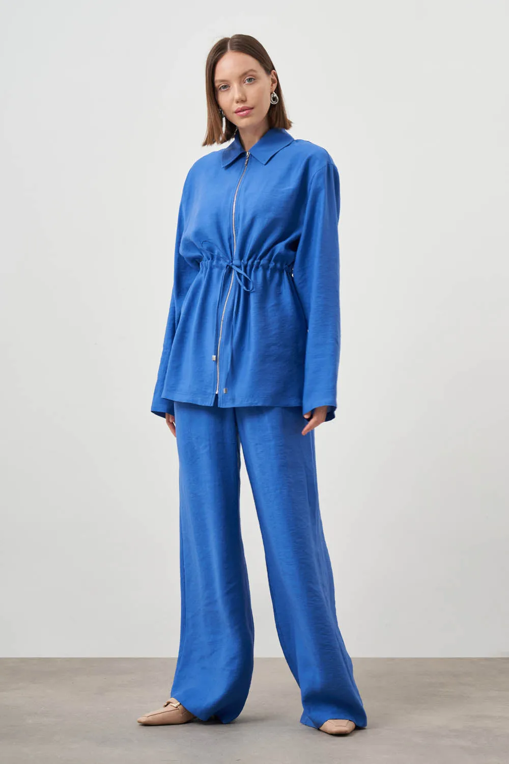 Mizalle Cinched Waist Shirt Jacket Blue Apparel