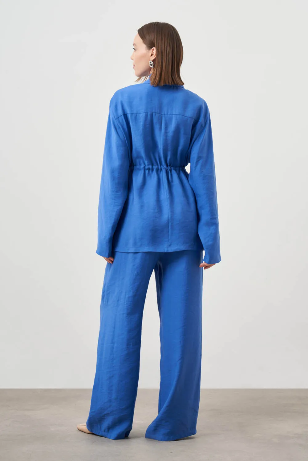 Mizalle Cinched Waist Shirt Jacket Blue Apparel