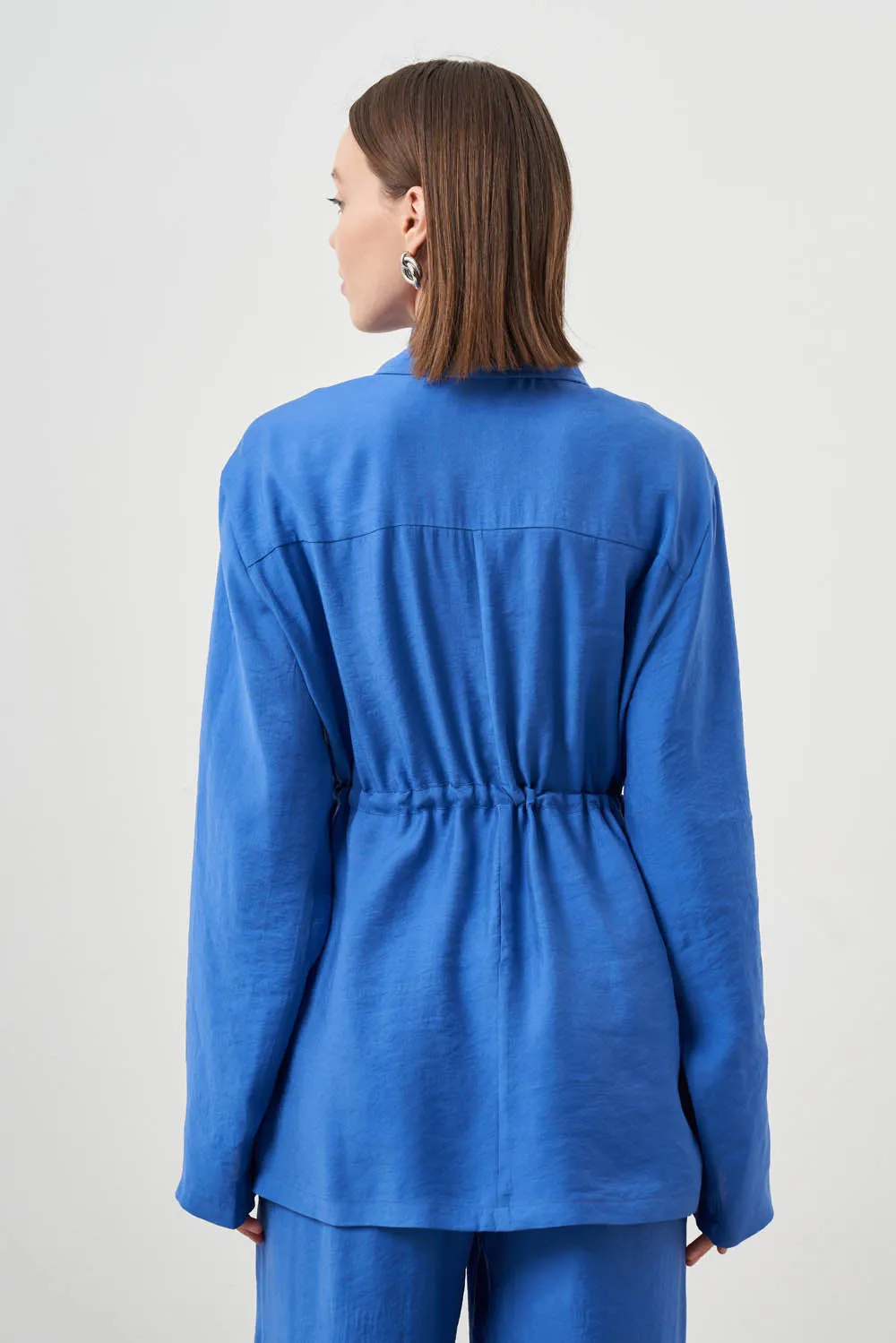 Mizalle Cinched Waist Shirt Jacket Blue Apparel
