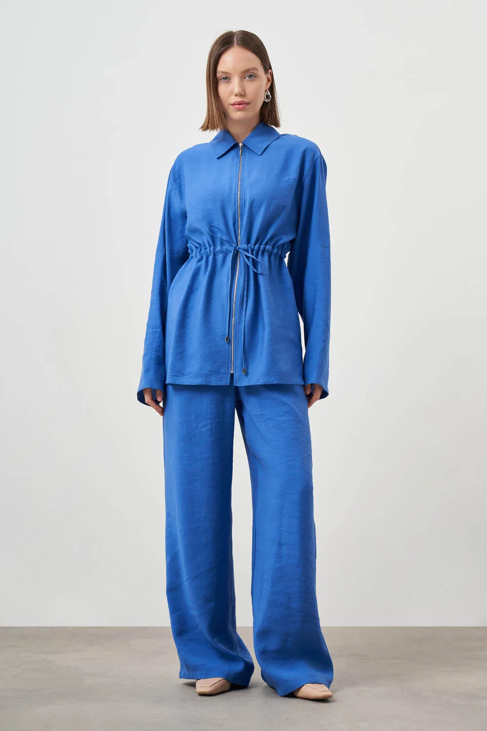 Mizalle Cinched Waist Shirt Jacket Blue Apparel
