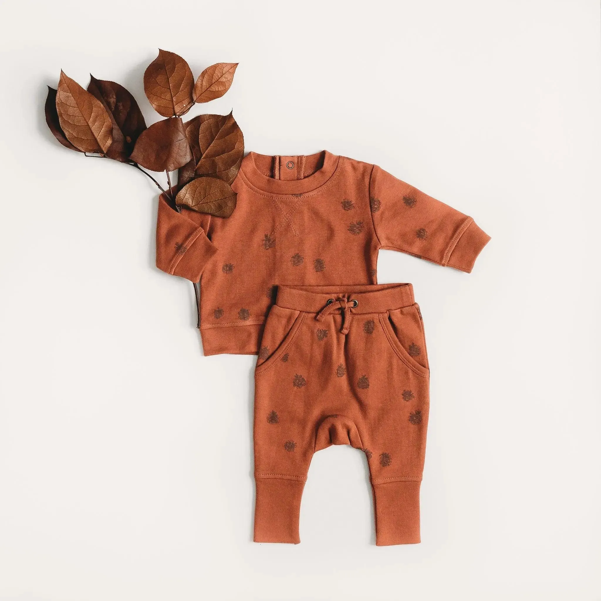 Organic Printed Sweatshirt & Jogger Set in Cinnamon Pinecone | L’ovedbaby